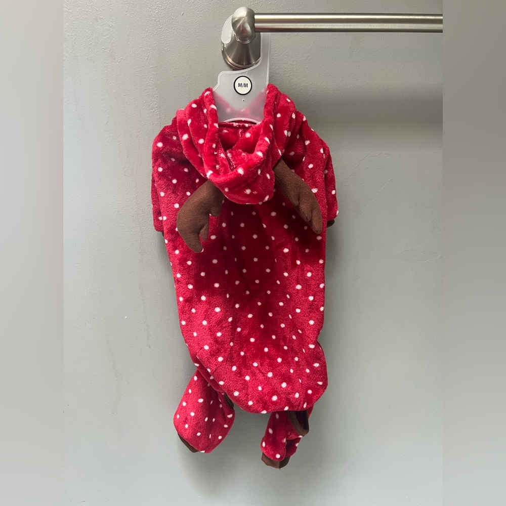 Brand New Red Polka Dot Reindeer Puppy Pajamas With Antlers (Multiple Sizes)
